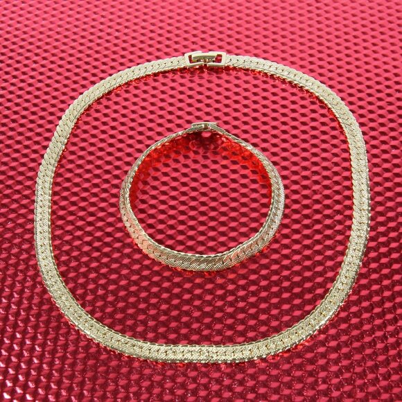 Monet Gold Plated Herringbone Necklace with Matching Bracelet - Picture 2 of 7